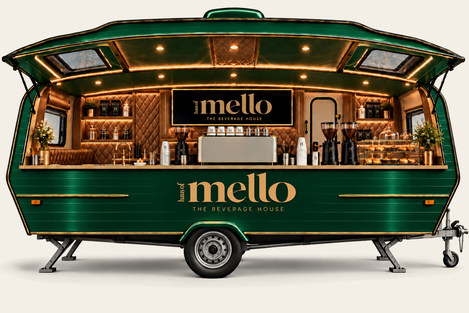 The emerald green and gold HAUS OF MELLO mobile beverage caravan with its service canopy open