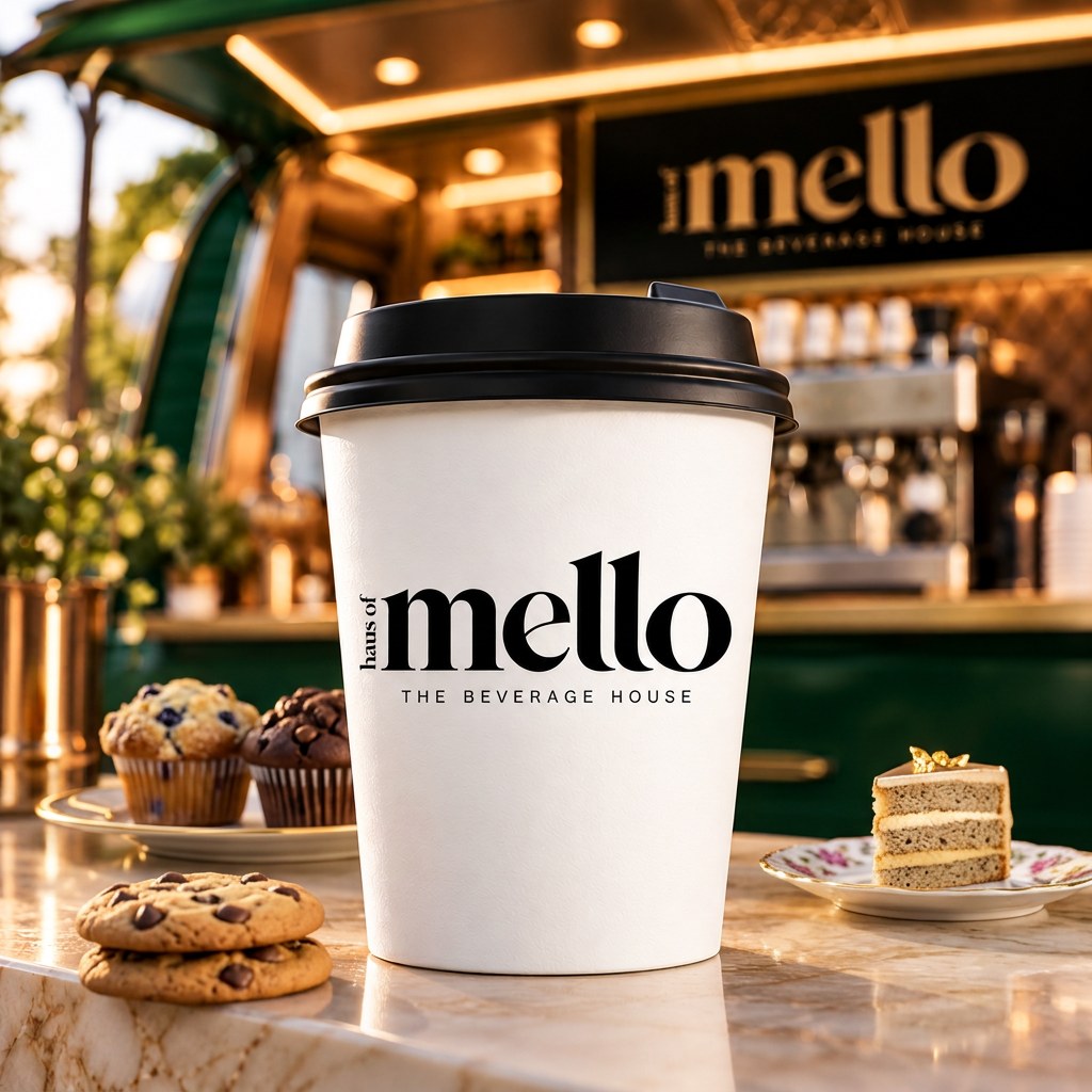 A HAUS OF MELLO branded white coffee cup on a marble counter with muffins, cookies and cake, in front of the caravan